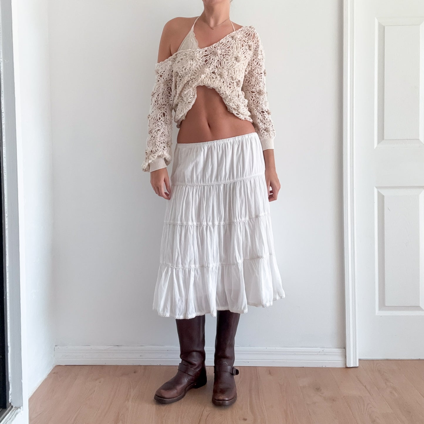 Y2K White Cotton Tiered Midi Skirt / SZ M-L