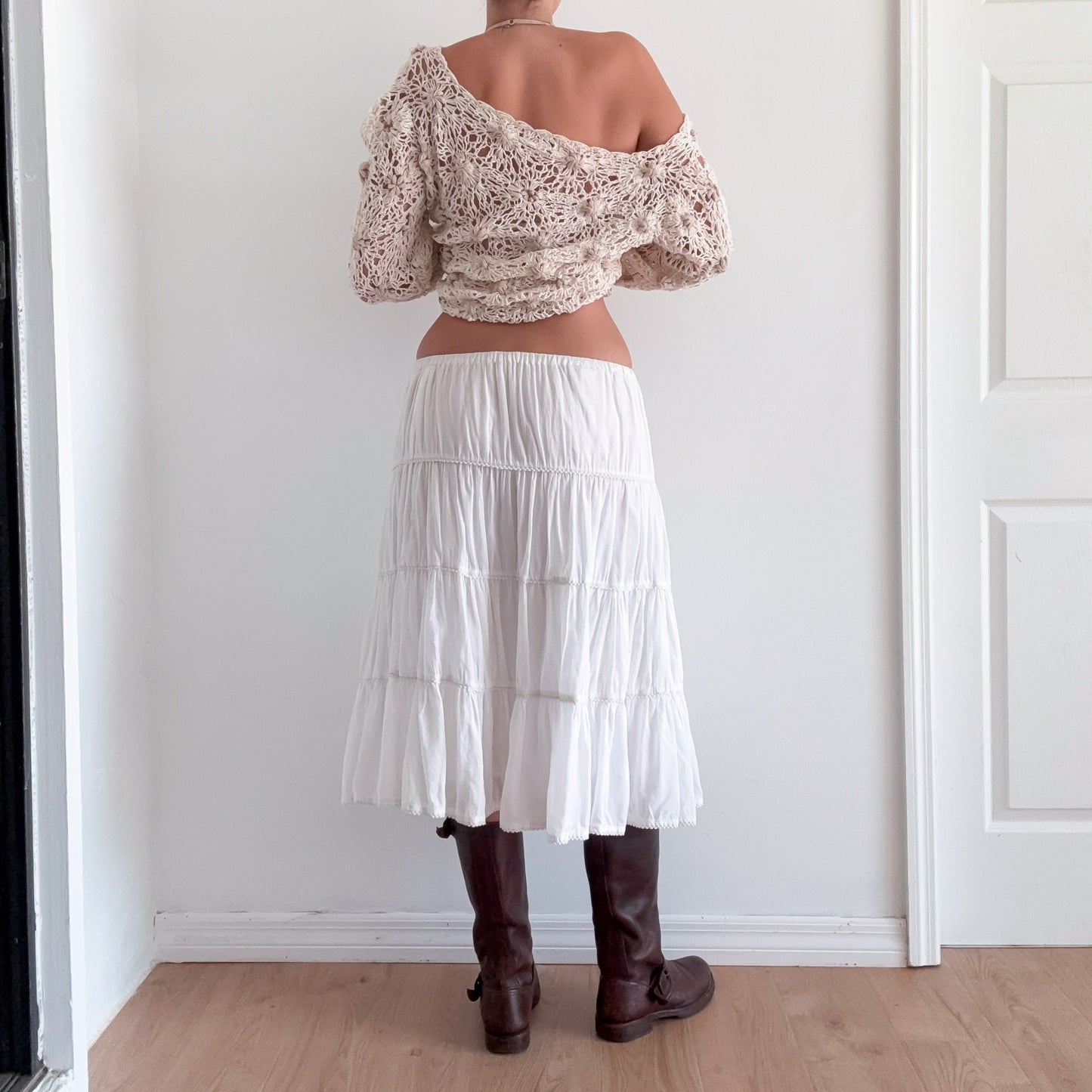 Y2K White Cotton Tiered Midi Skirt / SZ M-L