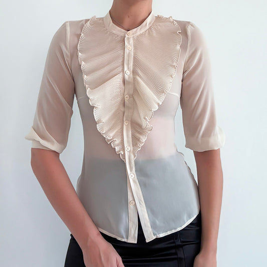 2010's Vanilla Sheer Pleated Ruffle Blouse / SZ XS