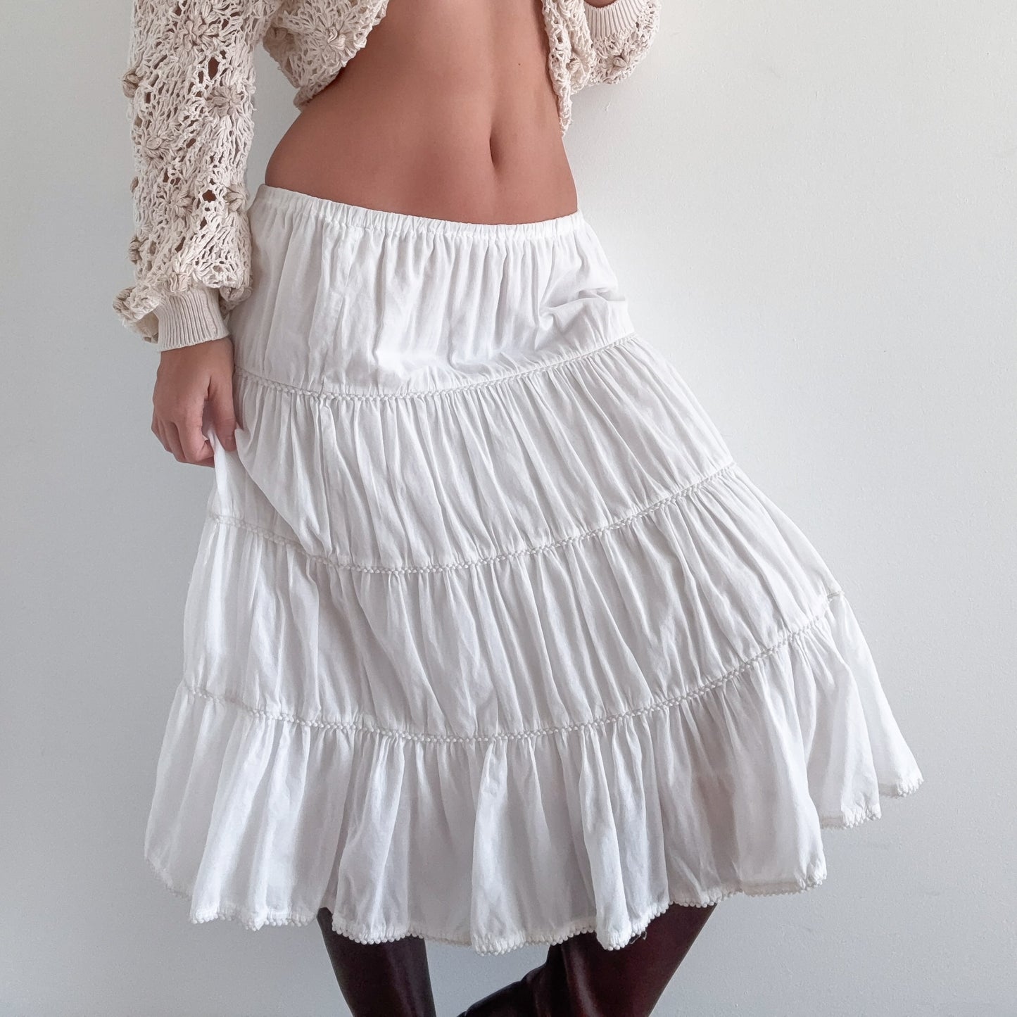 Y2K White Cotton Tiered Midi Skirt / SZ M-L
