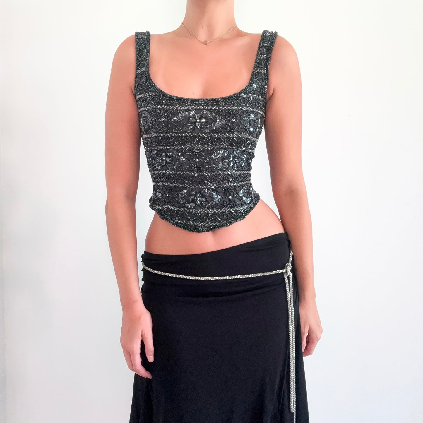 Y2K Grey Silk Beaded Corset Top / SZ 4