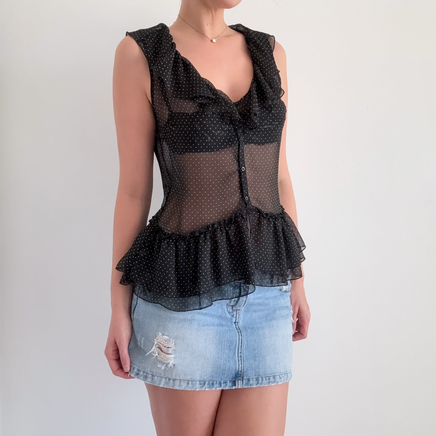 Y2K Black Polka Dot Ruffle Blouse / SZ M