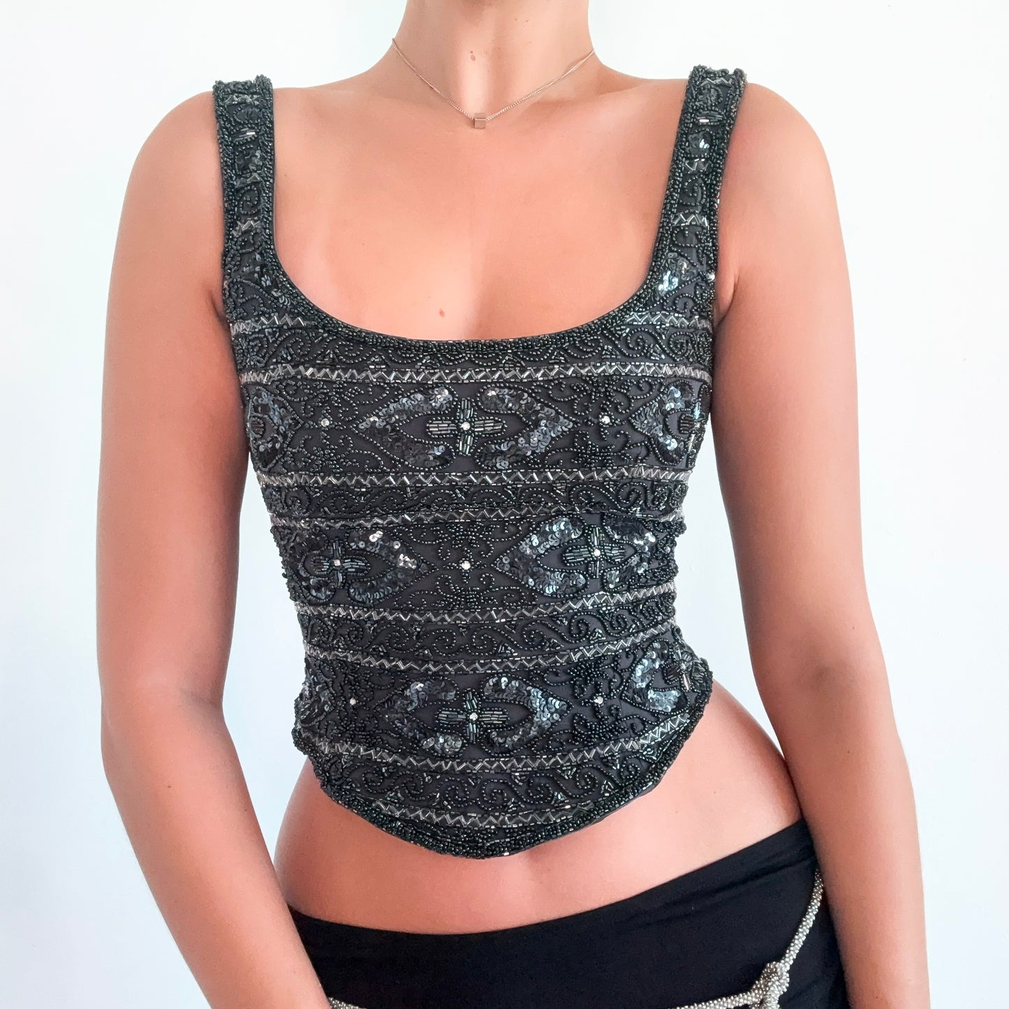 Y2K Grey Silk Beaded Corset Top / SZ 4