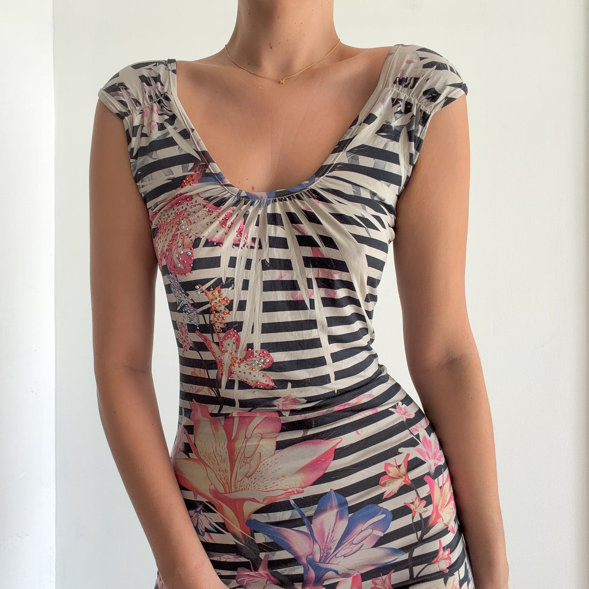 Y2K Off White & Pink Striped Floral Mini Dress / SZ M