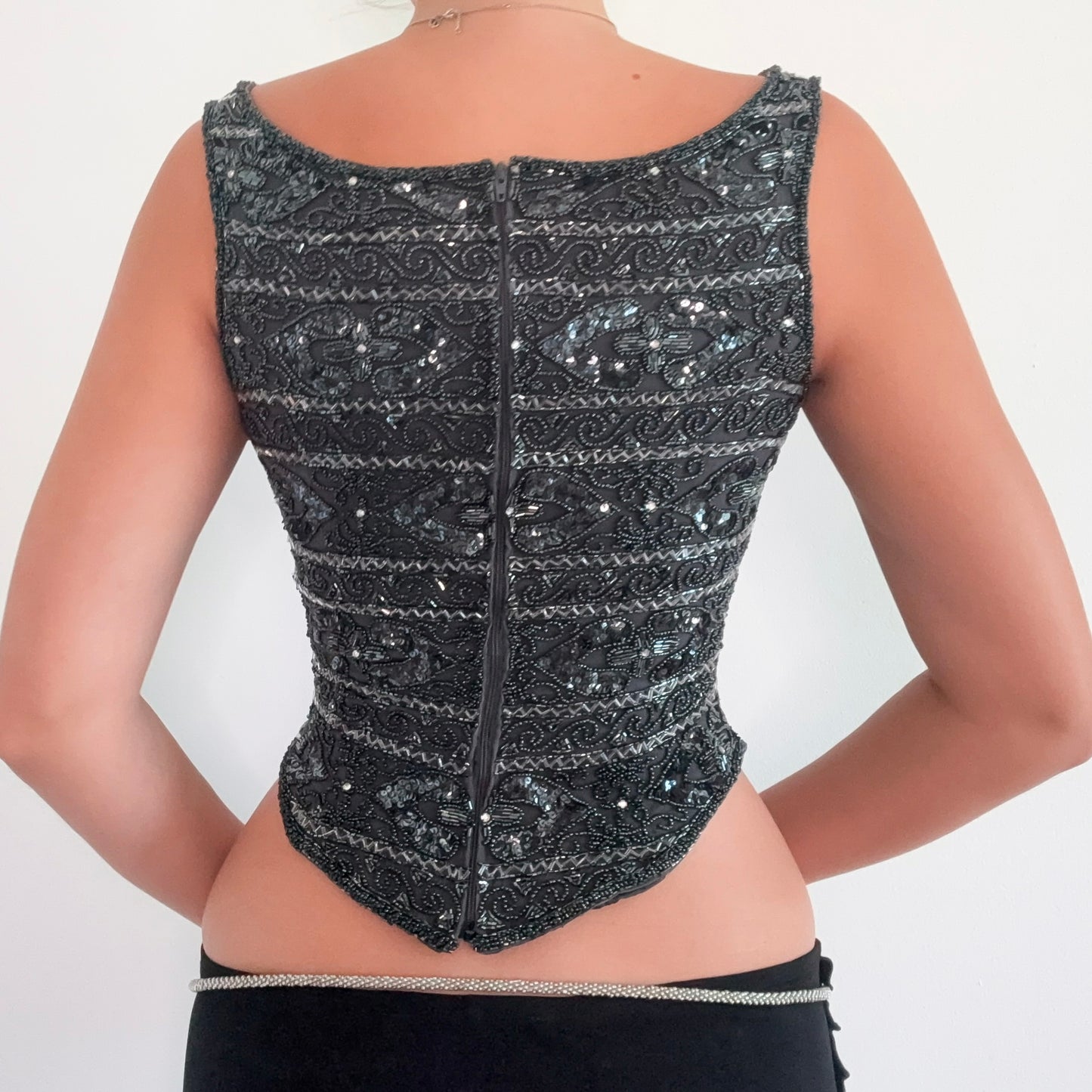 Y2K Grey Silk Beaded Corset Top / SZ 4