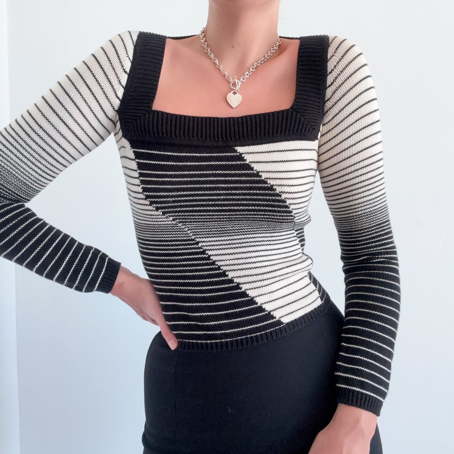 90's Armani Exchange Ivory & Black Knit Sweater / SZ XS