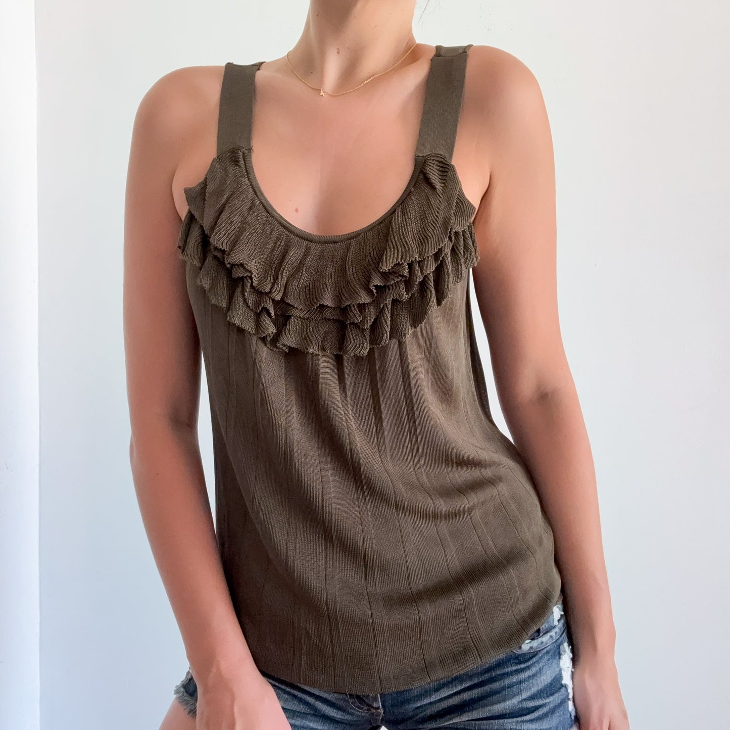 Y2K Army Green Knit Ruffle Slouchy Top / SZ M