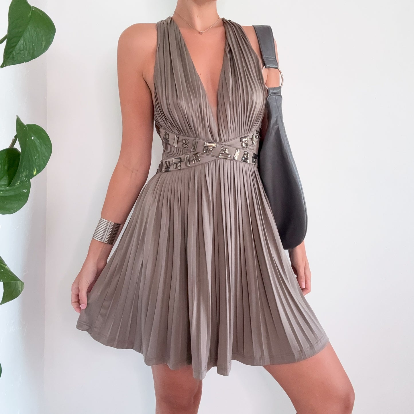 Y2K Grey Bedazzled Pleated Backless Dress / SZ S