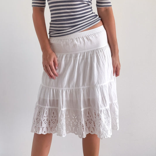 Y2K White Cotton Eyelet Midi Skirt / SZ XS/S