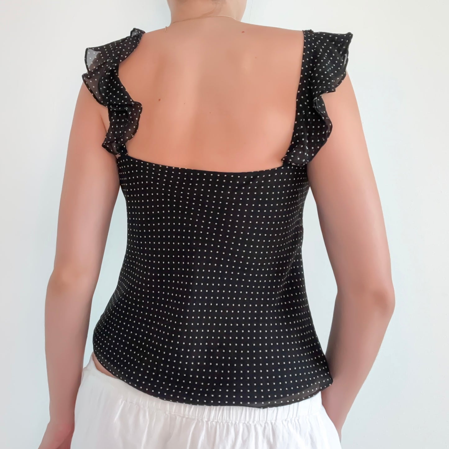 Y2K Black Polka Dot Silk Ruffle Top / SZ 8