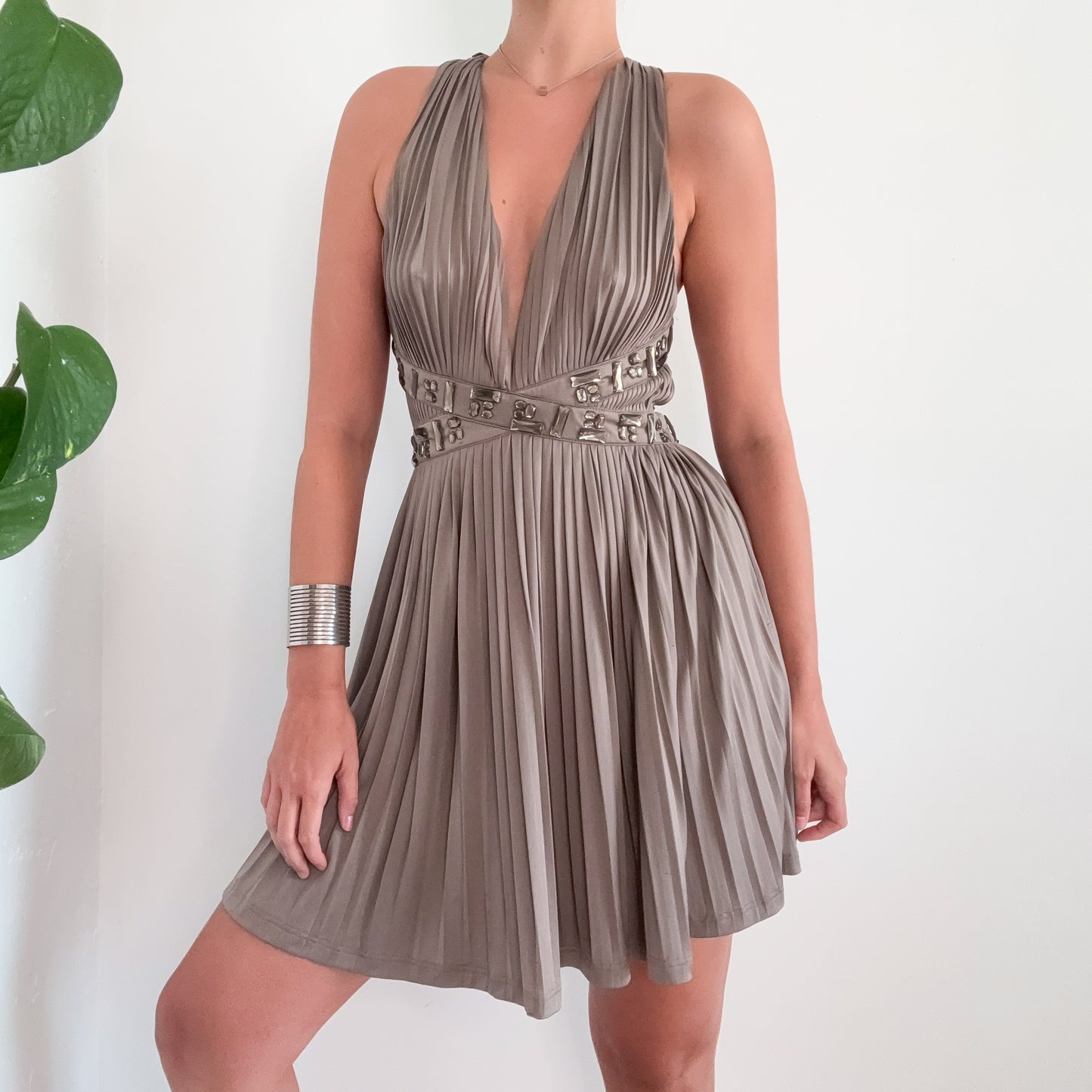 Y2K Grey Bedazzled Pleated Backless Dress / SZ S