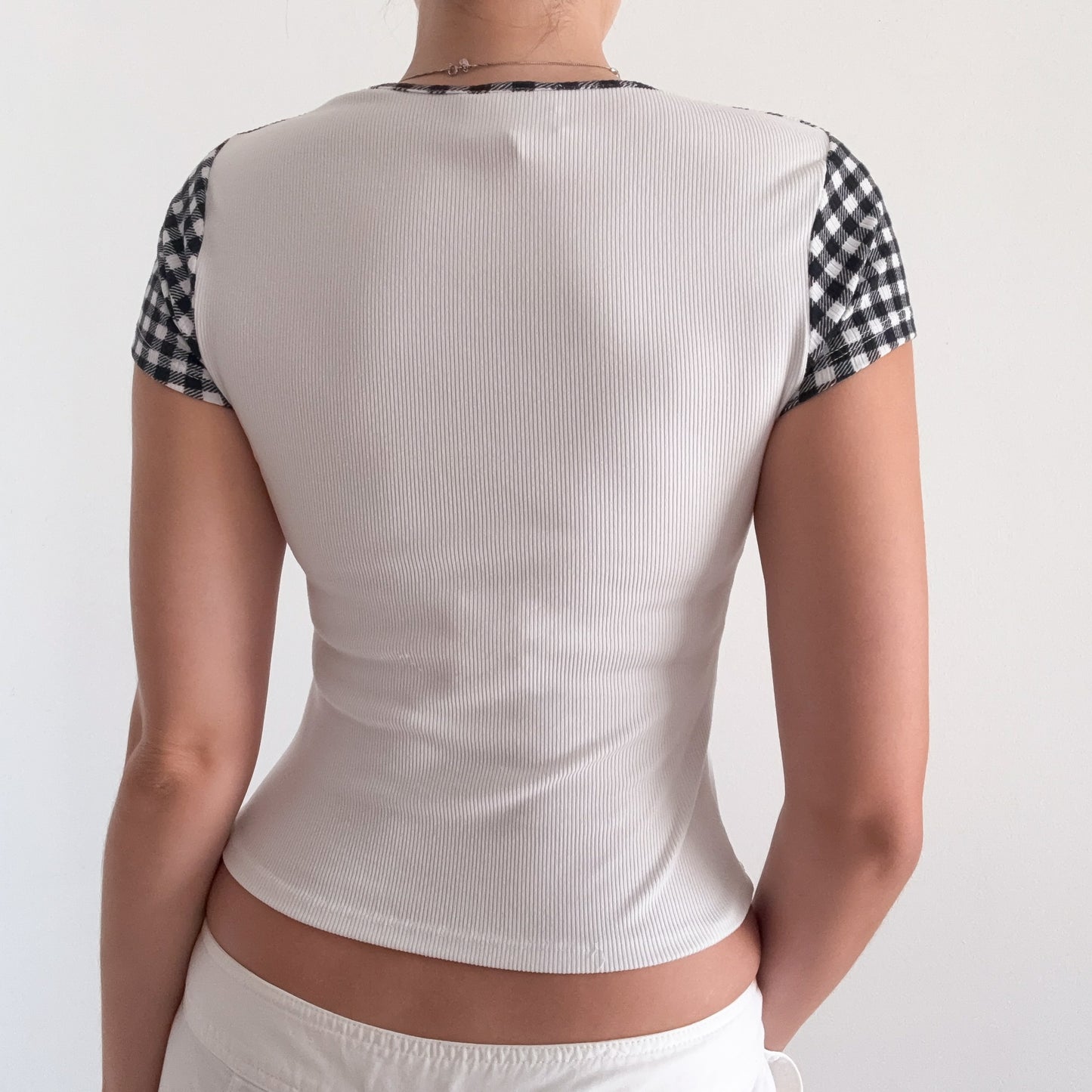 Y2K White & Black Gingham Bow Tee / SZ S