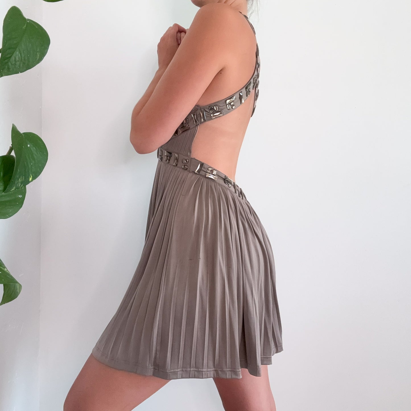 Y2K Grey Bedazzled Pleated Backless Dress / SZ S