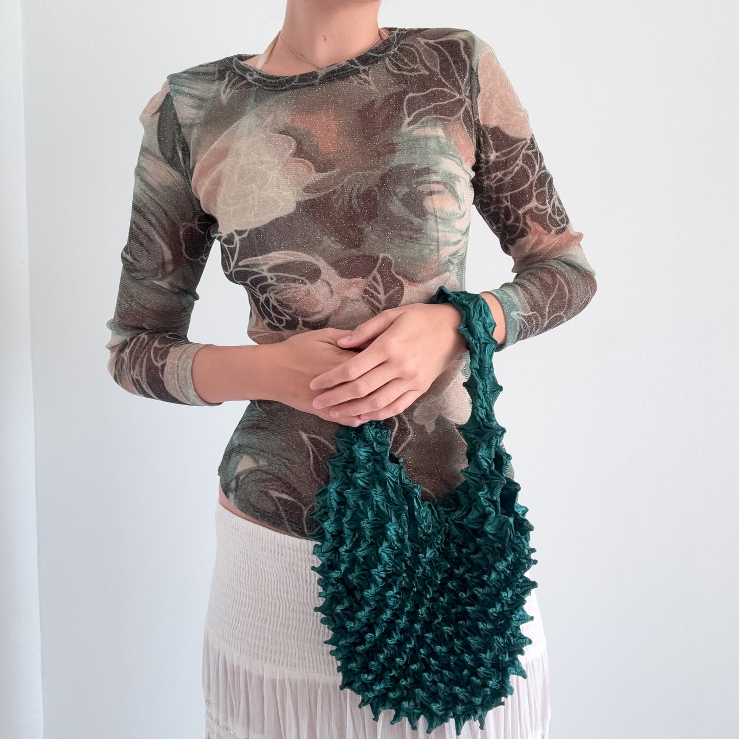 Emerald Popcorn Pleat "Shibori" Bag