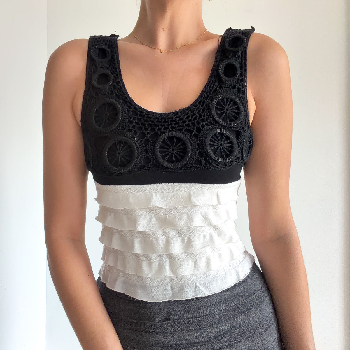 Y2K Black & White Crochet Tiered Dress / SZ S