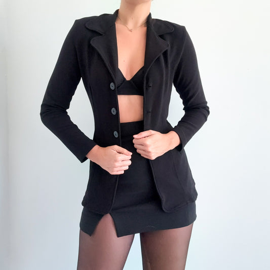 90's Black Ribbed Fitted Blazer Jacket / SZ S