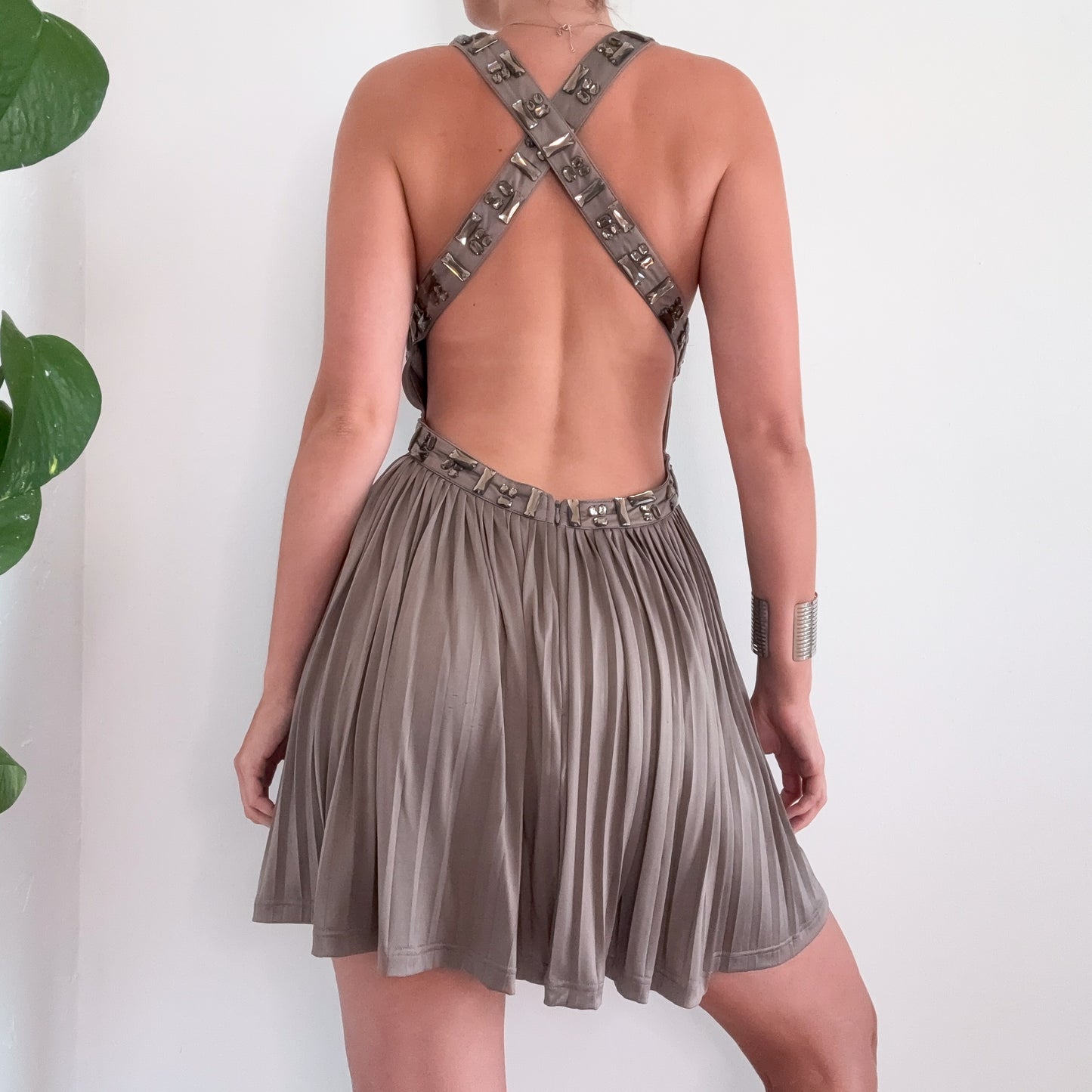 Y2K Grey Bedazzled Pleated Backless Dress / SZ S