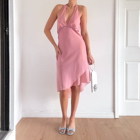Y2K Pink Asymmetric Halter Midi Dress / SZ M-L
