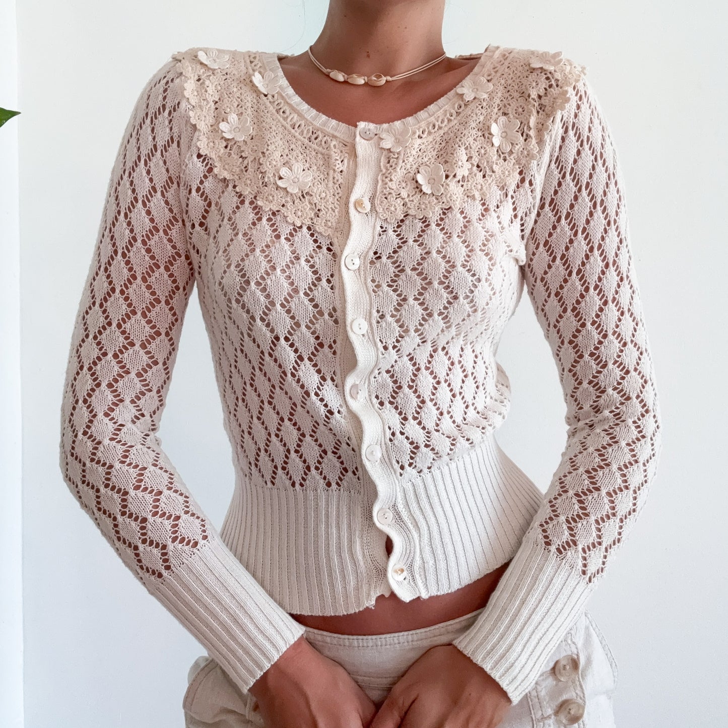 Y2K Ivory Knitted Flower Cardigan / SZ S