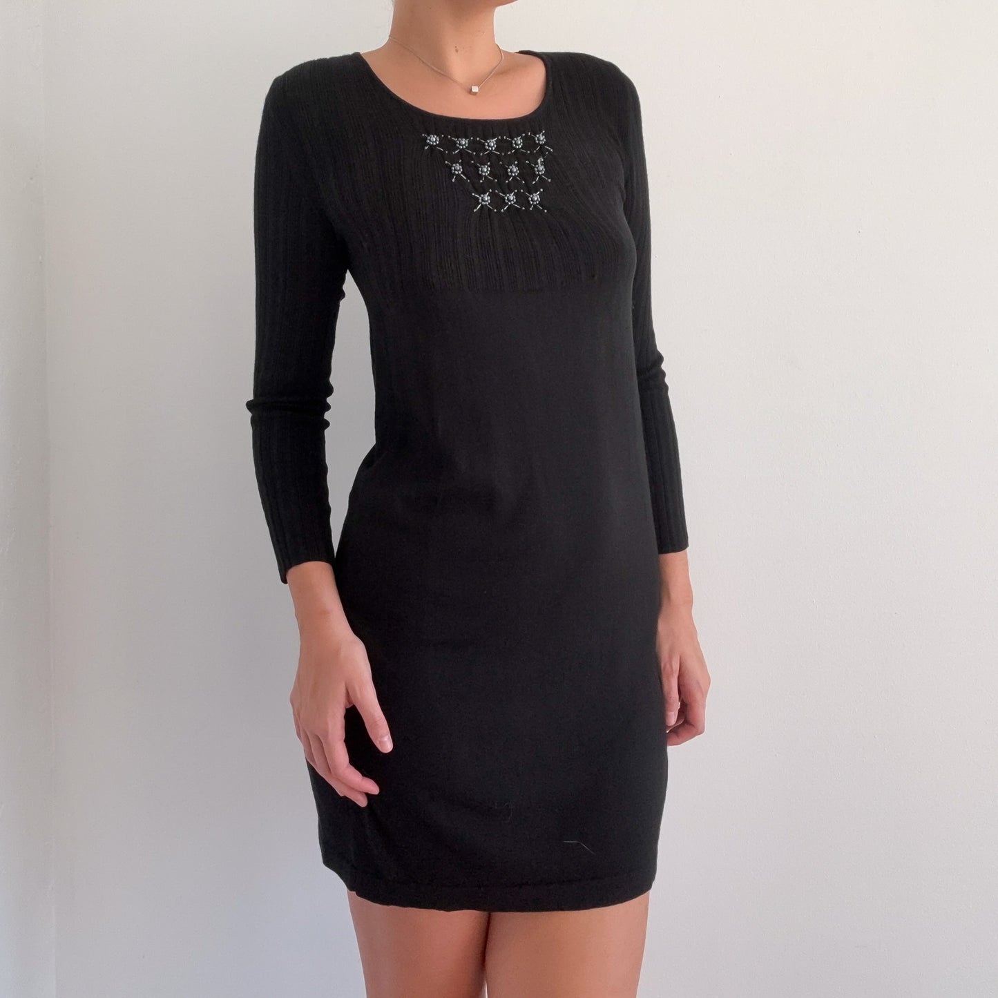 Y2K Black Silk Knit Beaded Mini Dress / SZ S