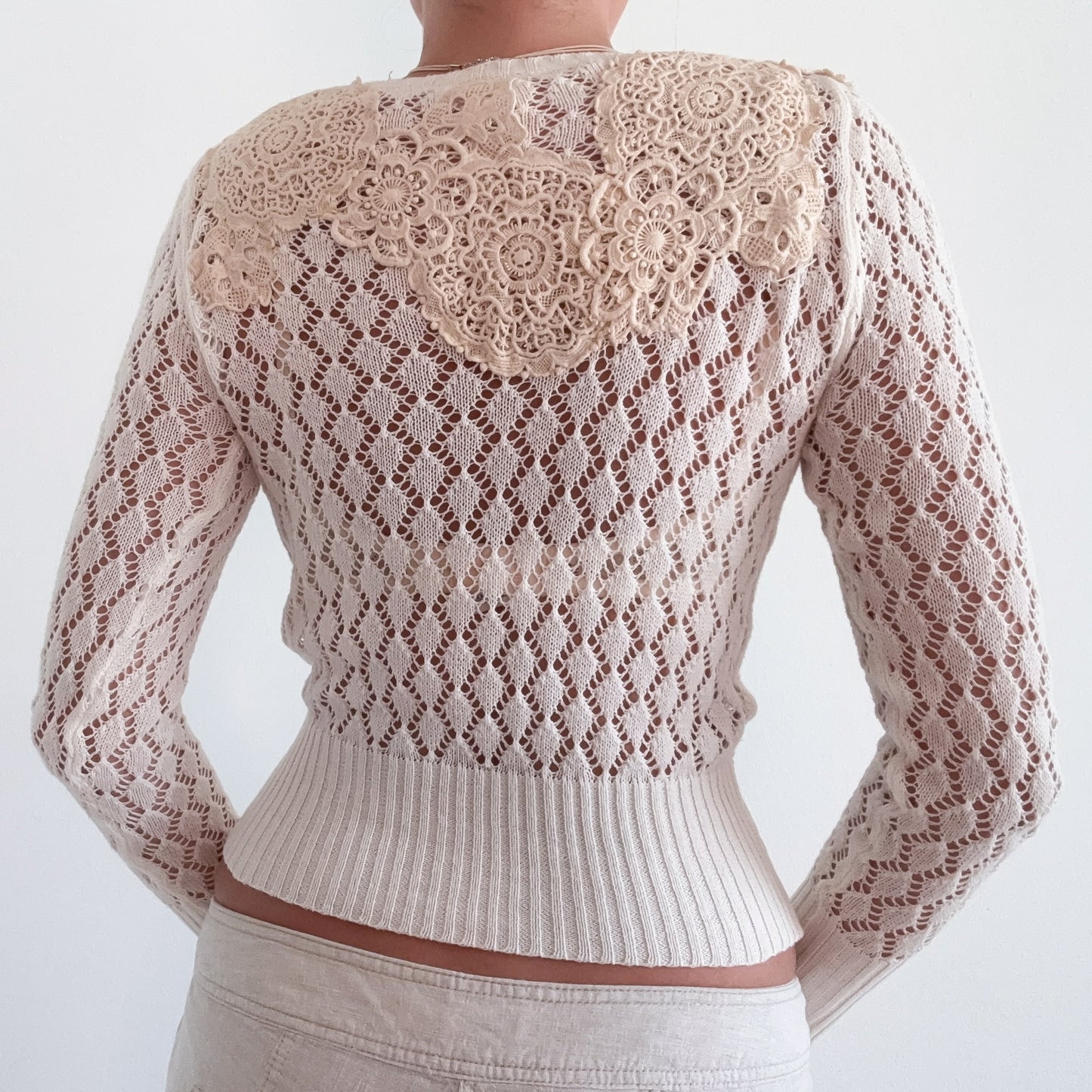 Y2K Ivory Knitted Flower Cardigan / SZ S