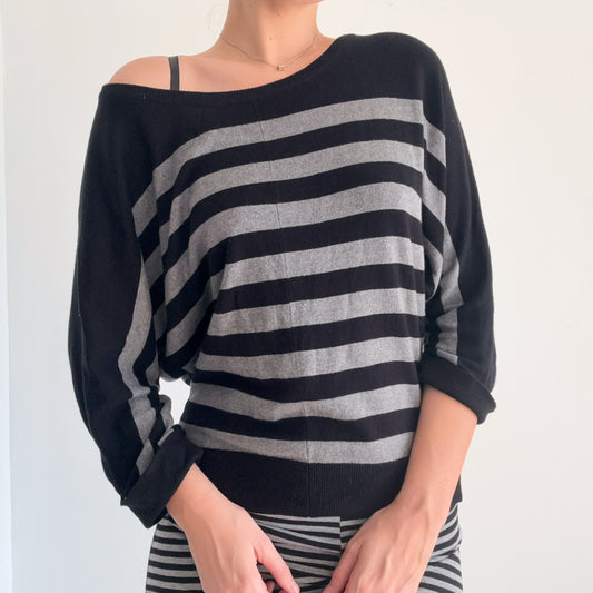 Y2K Black & Grey Striped Knit Dolman Sleeve Top / SZ S
