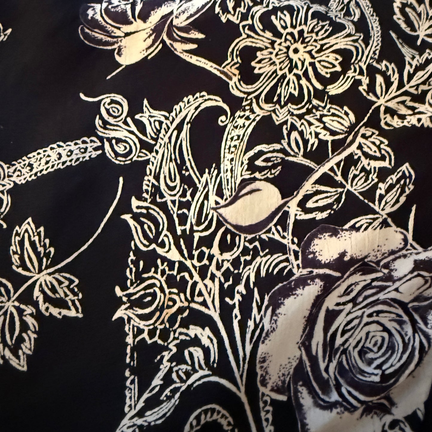 Y2K Black & Ivory Floral Rayon Midi Dress / SZ S