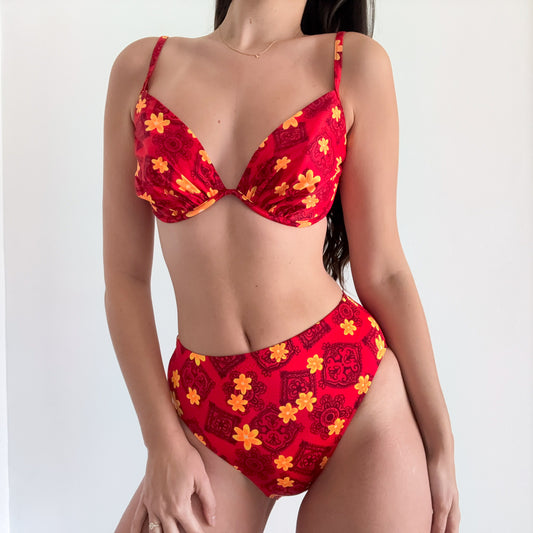 90's Red & Orange Floral Bikini / SZ M