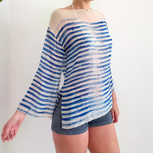 Jean Paul Gaultier Cream & Blue Silk Striped Blouse / SZ S