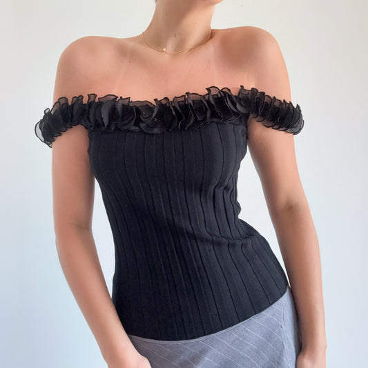 Y2K Black Knit Flower Neckline Top / SZ S