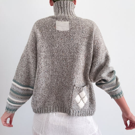 80's Grey & Blue Knit Argyle Sweater / SZ M-L