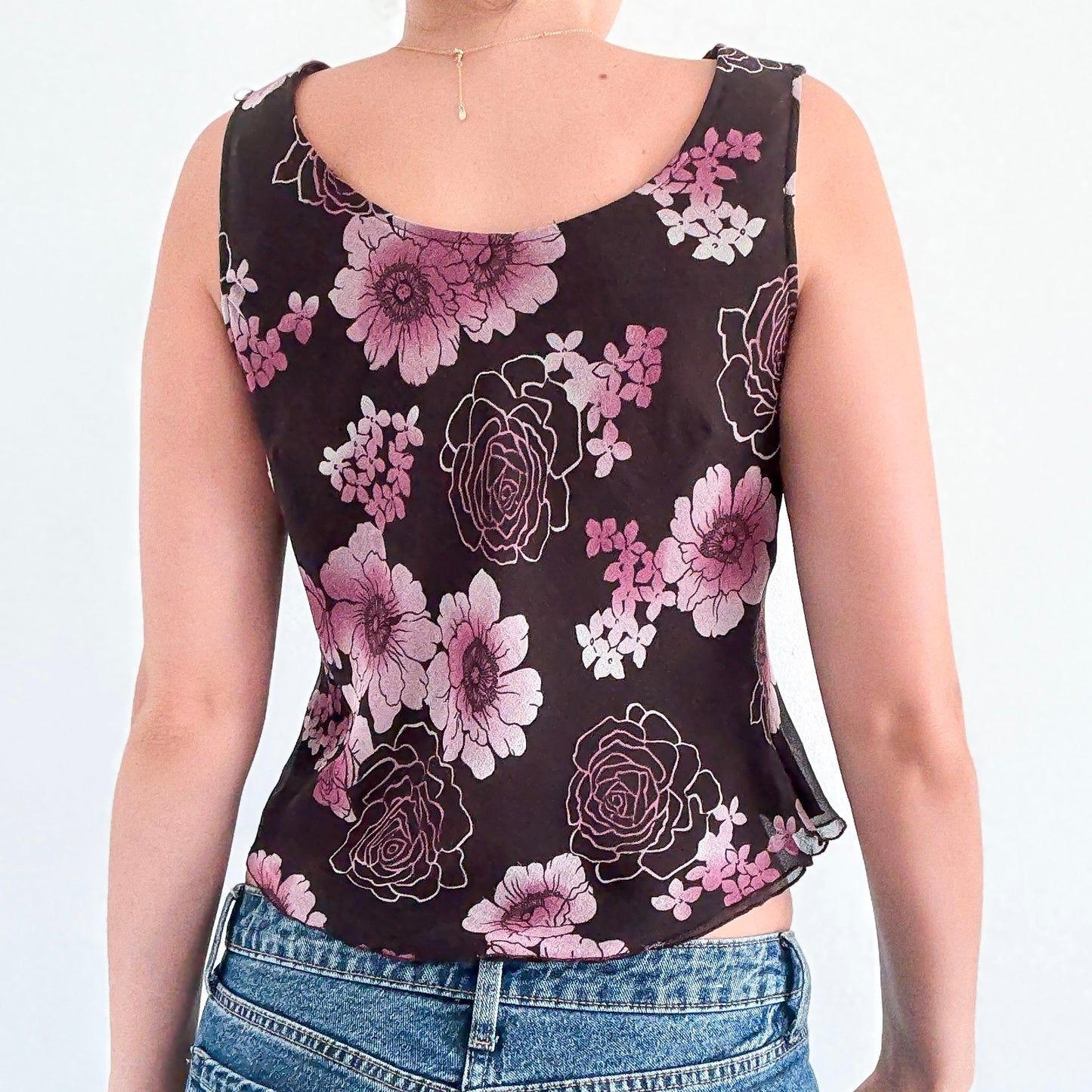 Y2K Brown & Purple Silk Floral Top / SZ M
