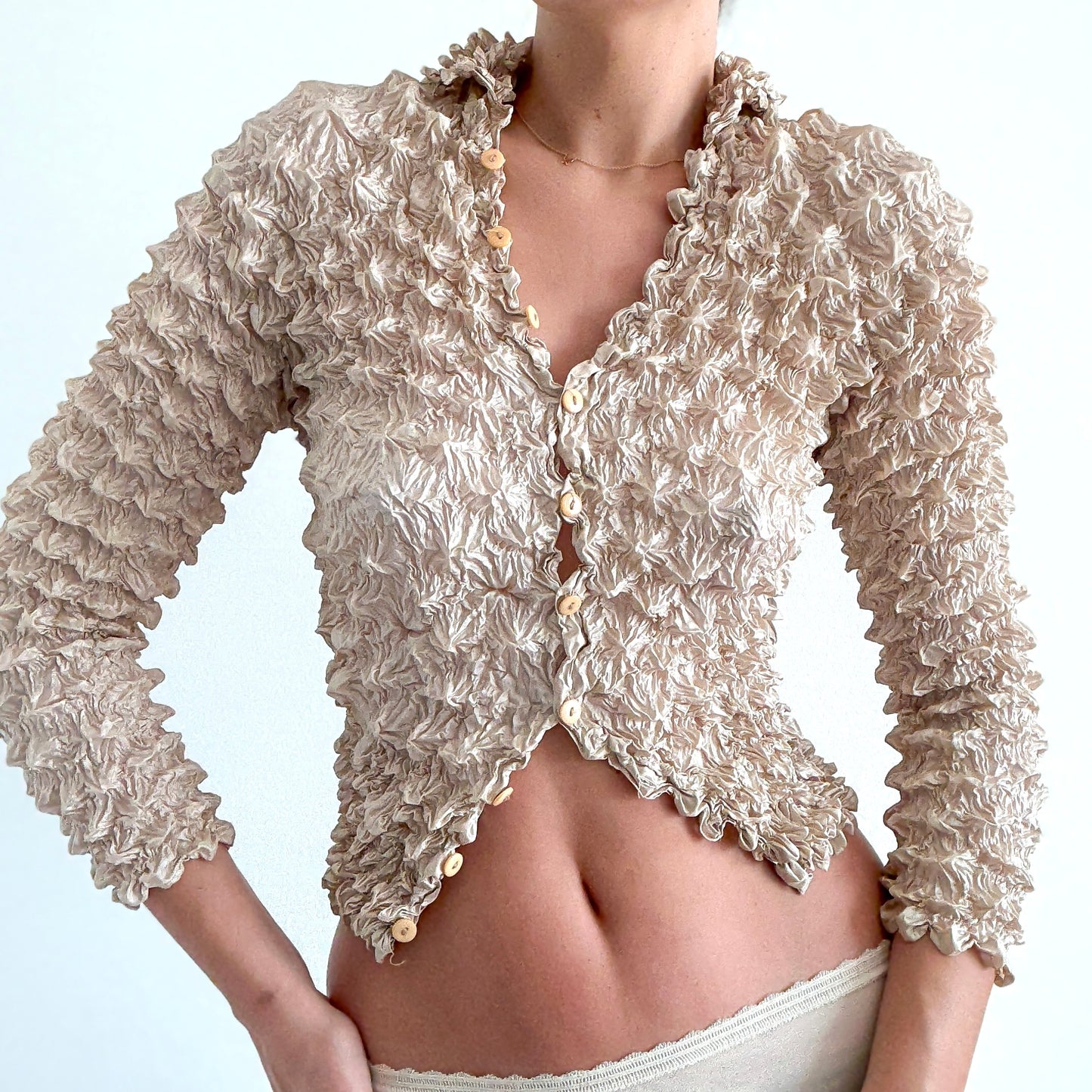 Y2K Champagne Popcorn Pleat Cardigan / SZ XS-M
