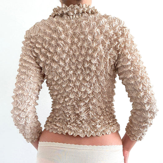 Y2K Champagne Popcorn Pleat Cardigan / SZ XS-M