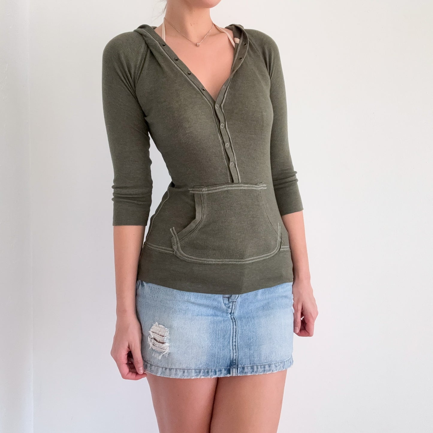 Y2K Army Green Hooded Henley Top / SZ S/M