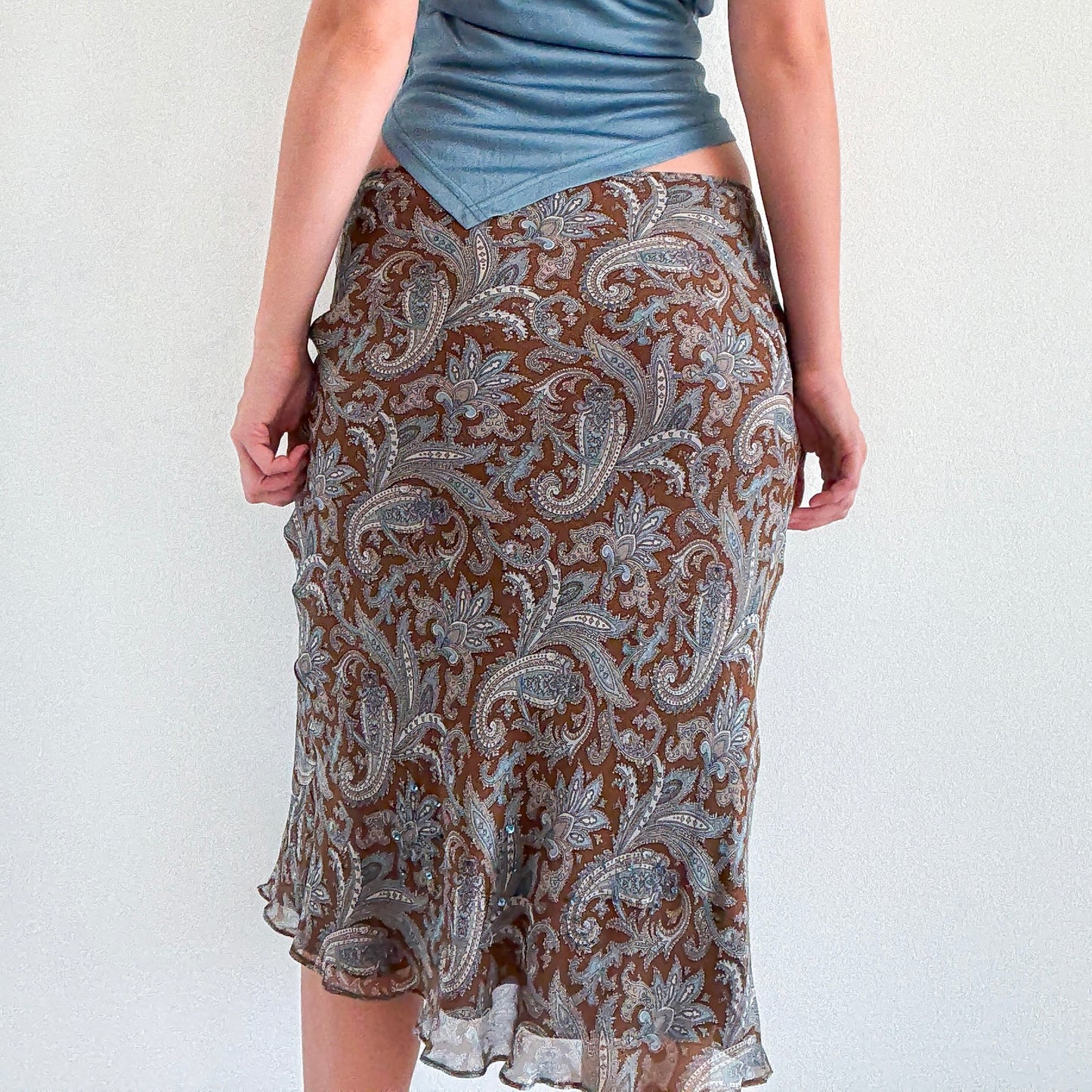 Y2K Brown & Stone Paisley Silk Midi Skirt / SZ S-M
