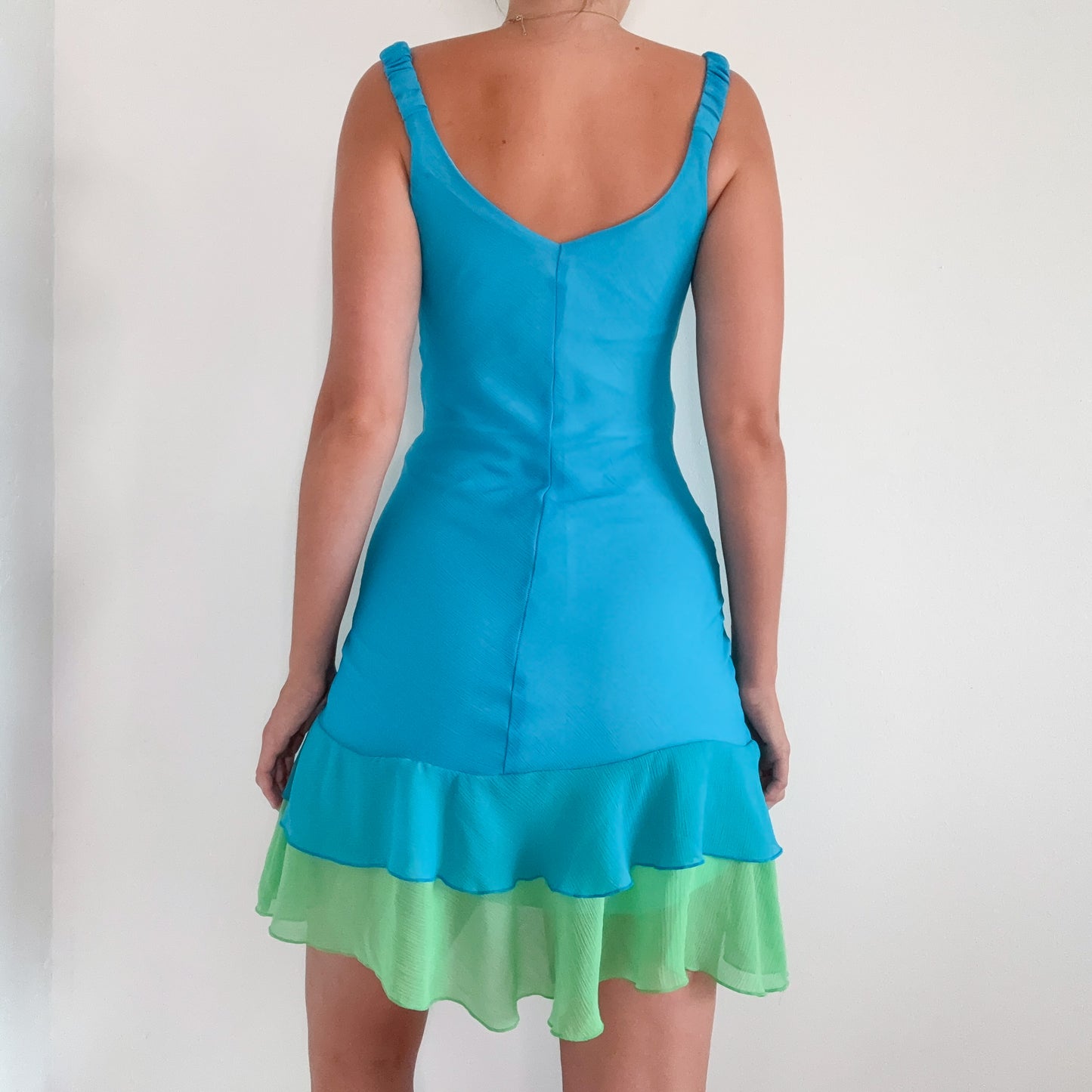 Y2K Cyan & Green Ruffle Mini Dress / SZ S