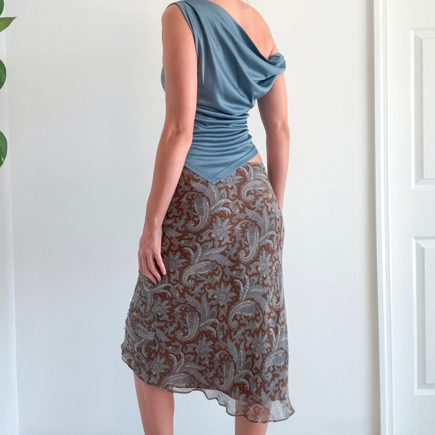 Y2K Brown & Stone Paisley Silk Midi Skirt / SZ S-M