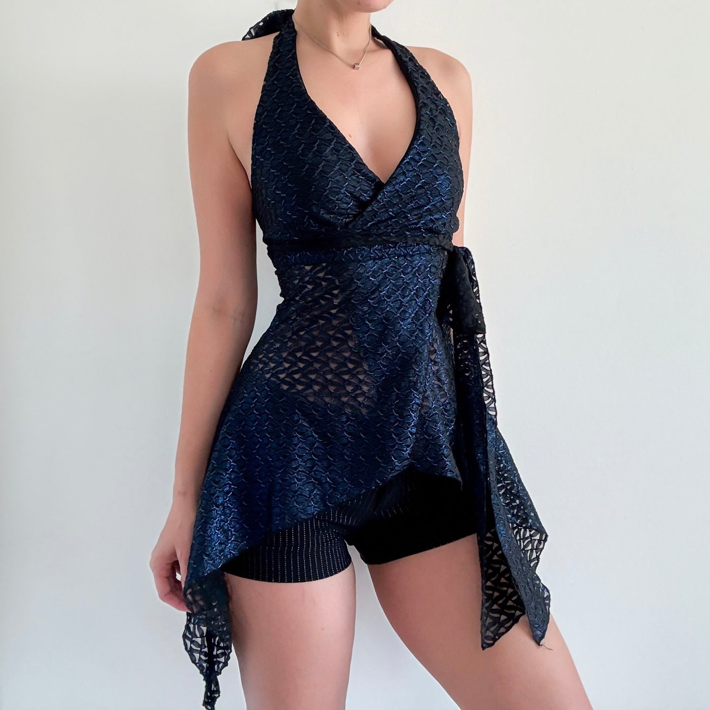 Y2K Dark Metallic Blue & Black Halter Top / SZ S/M