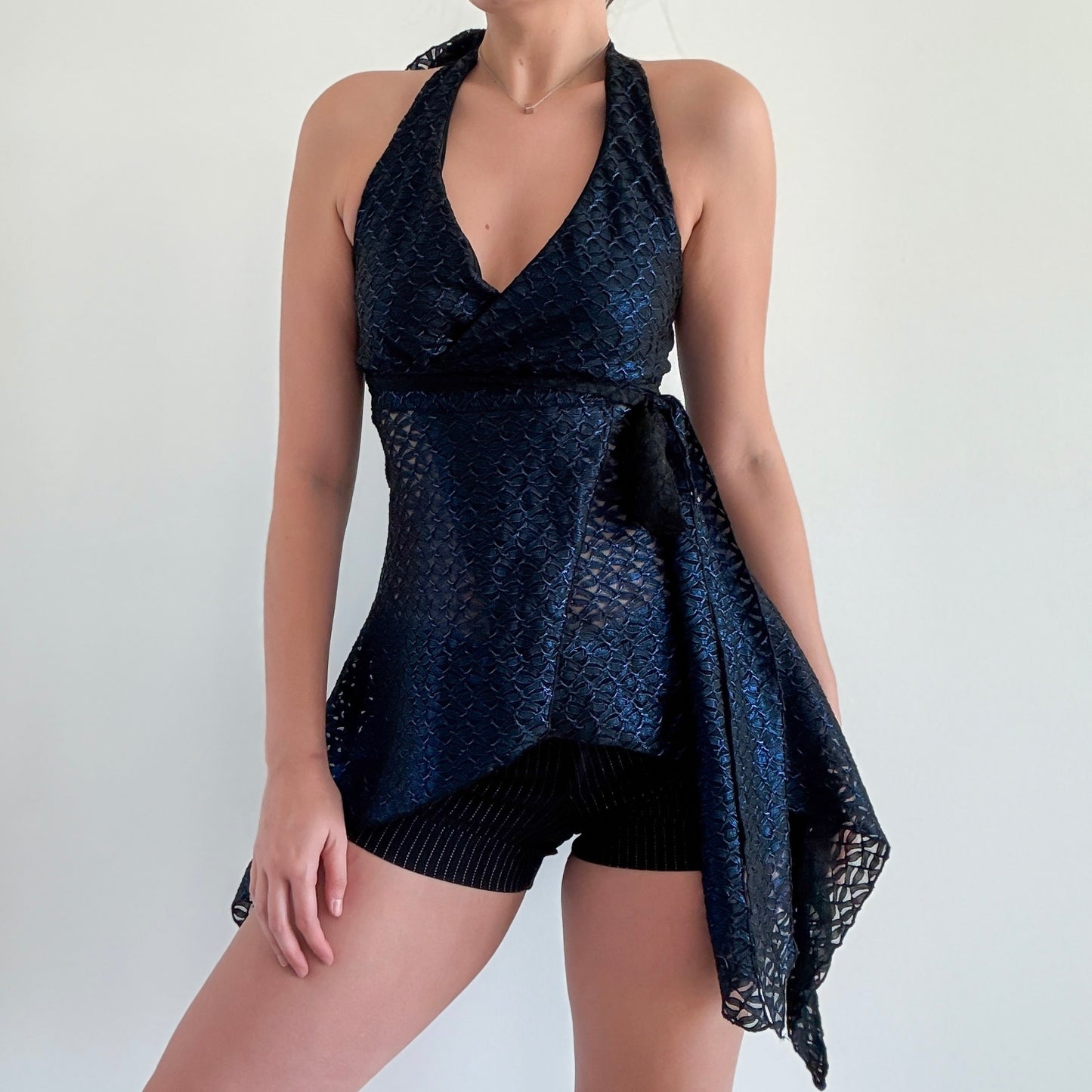 Y2K Dark Metallic Blue & Black Halter Top / SZ S/M