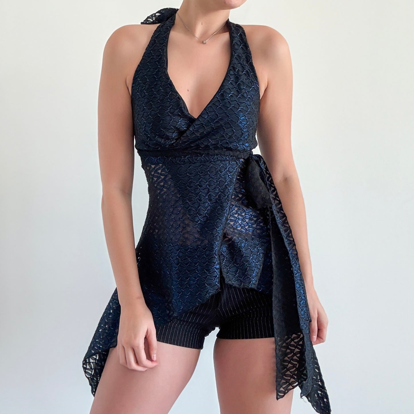 Y2K Dark Metallic Blue & Black Halter Top / SZ S/M