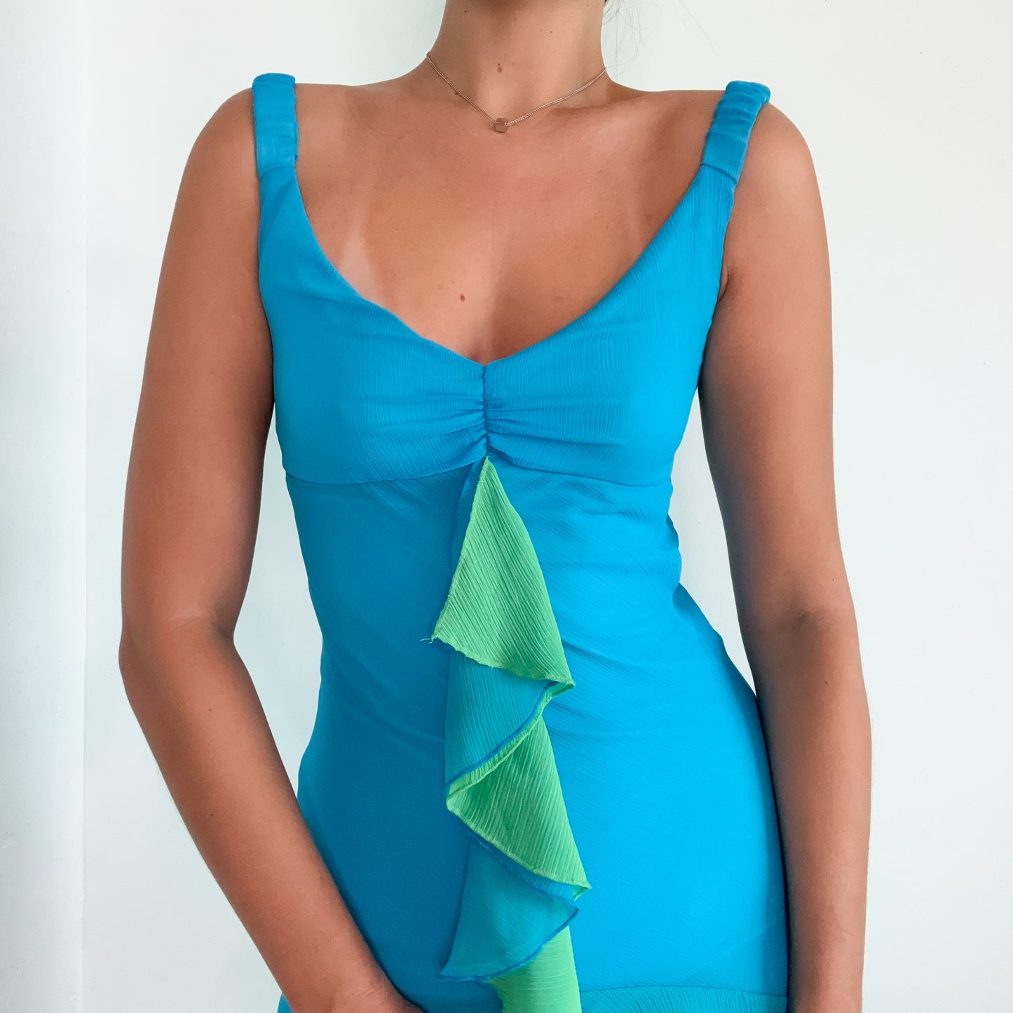Y2K Cyan & Green Ruffle Mini Dress / SZ S