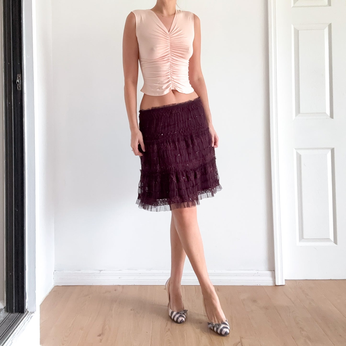 Y2K Maroon Smocked Mesh Midi Skirt / SZ S-M