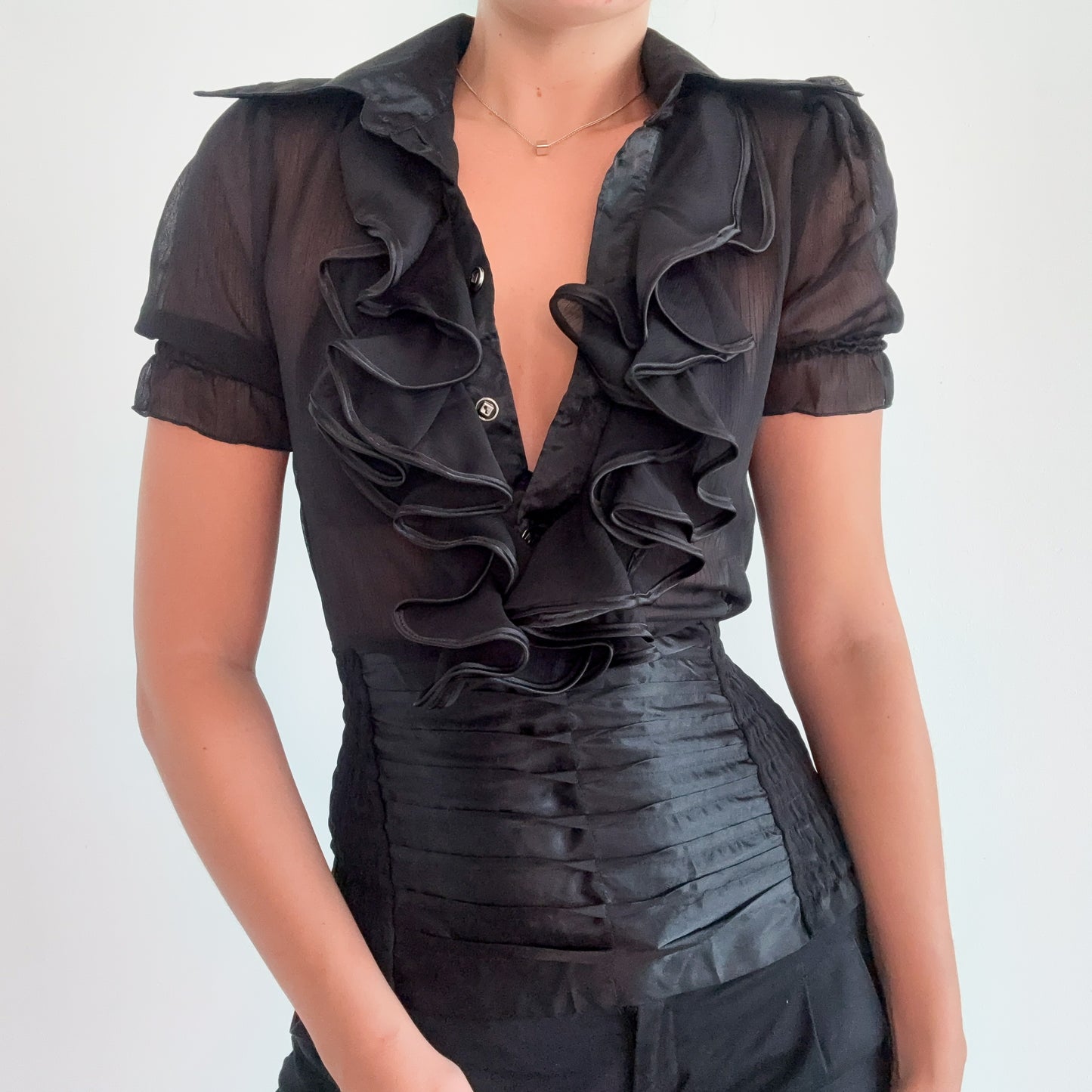 Y2K Black Ruffle Satin Blouse / SZ XS/S