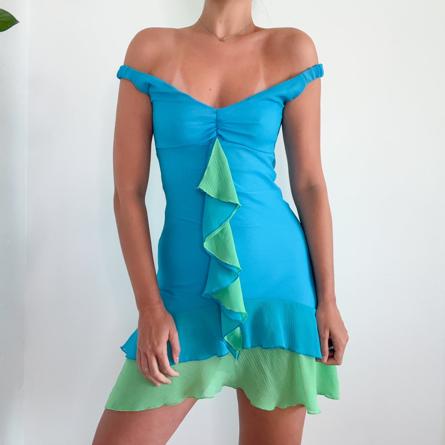 Y2K Cyan & Green Ruffle Mini Dress / SZ S