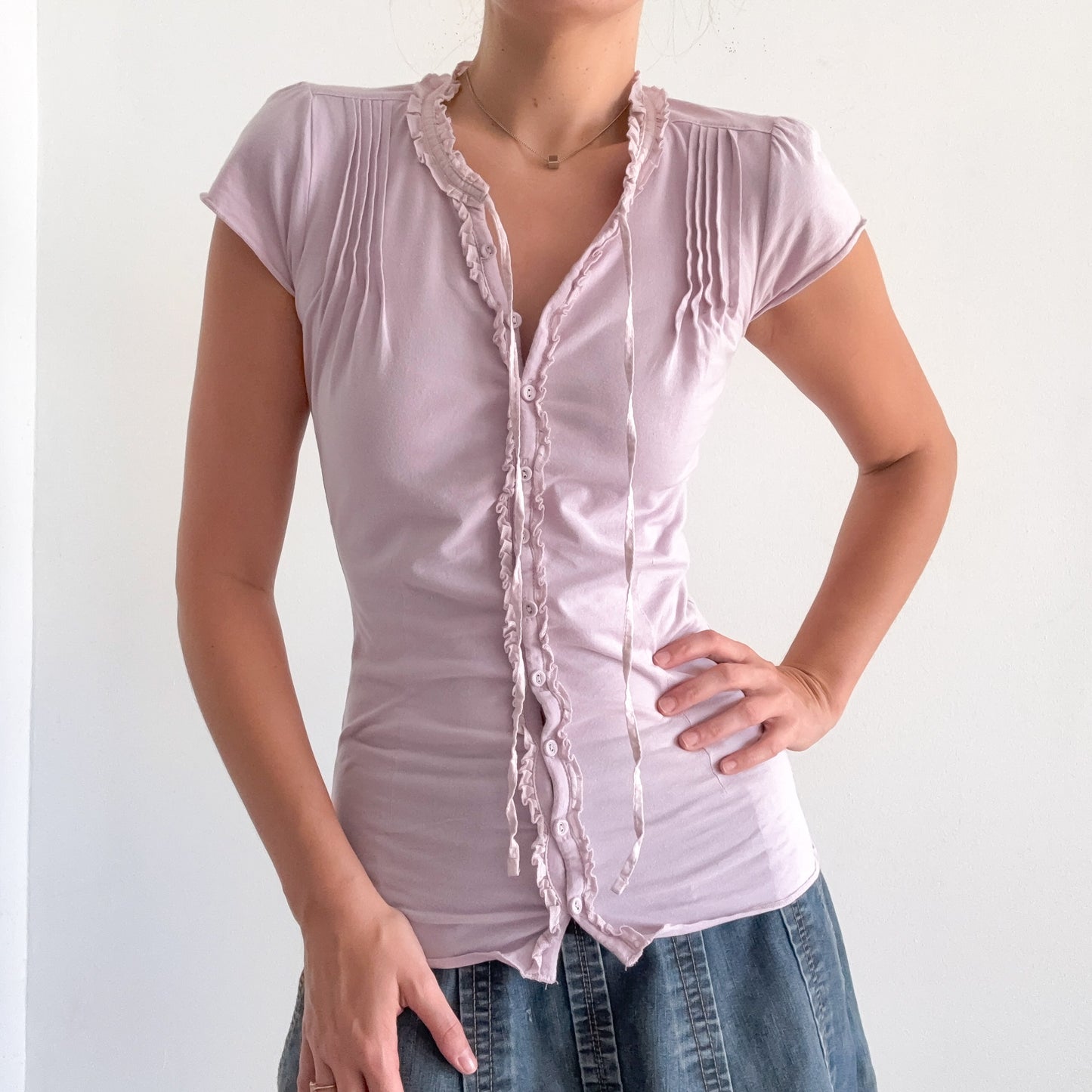 Y2K Lilac Cotton Button Up Blouse / SZ S