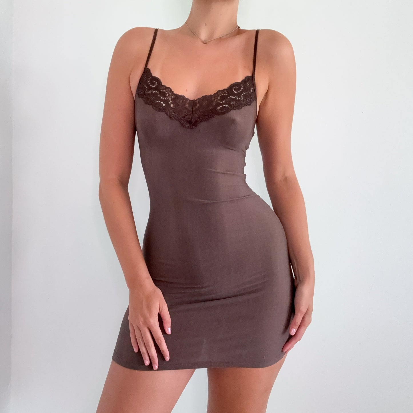 80's Brown Lace Mini Slip Dress / SZ S