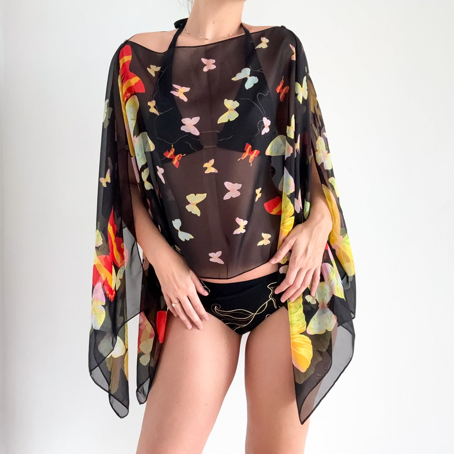 Y2K Black Butterfly Poncho Shawl / One Size
