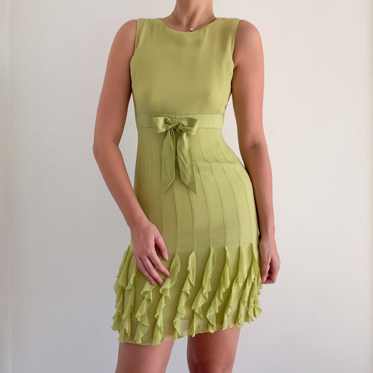 Y2K Green Silk Ruffle Bow Dress / SZ 2