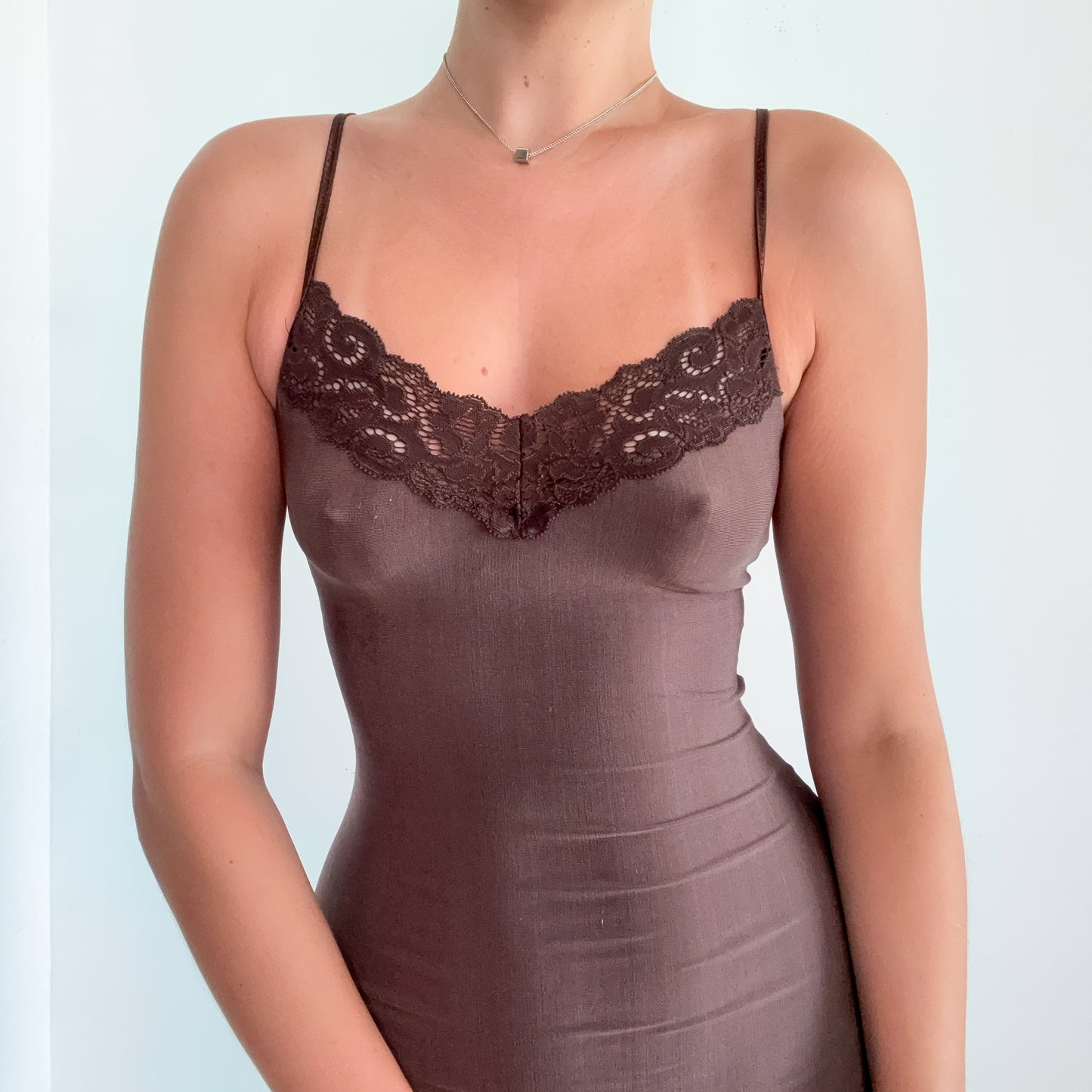 80's Brown Lace Mini Slip Dress / SZ S